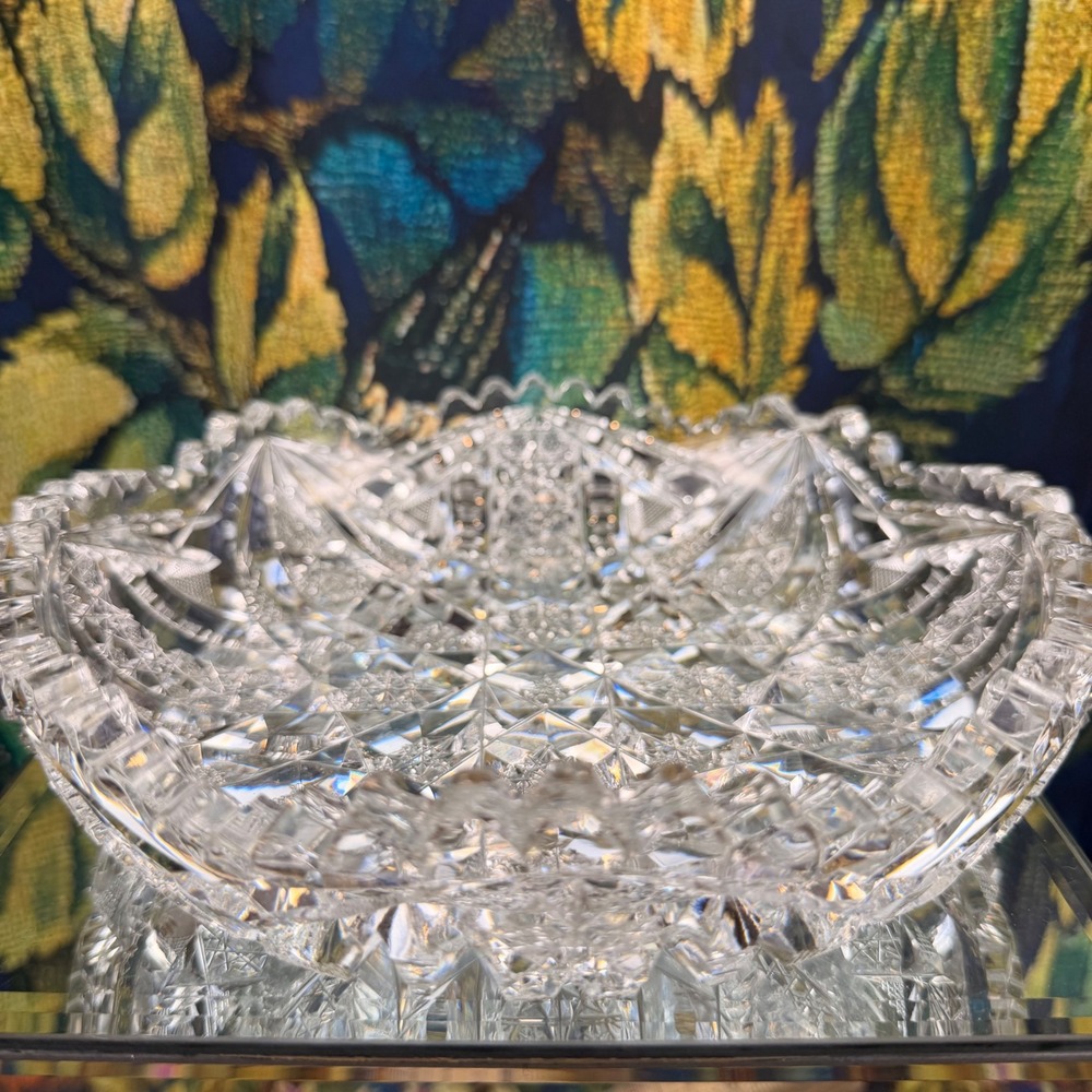 Antique American Brilliant Period Cut Glass Bowl Hobstar Sawtooth Rim 8.25"